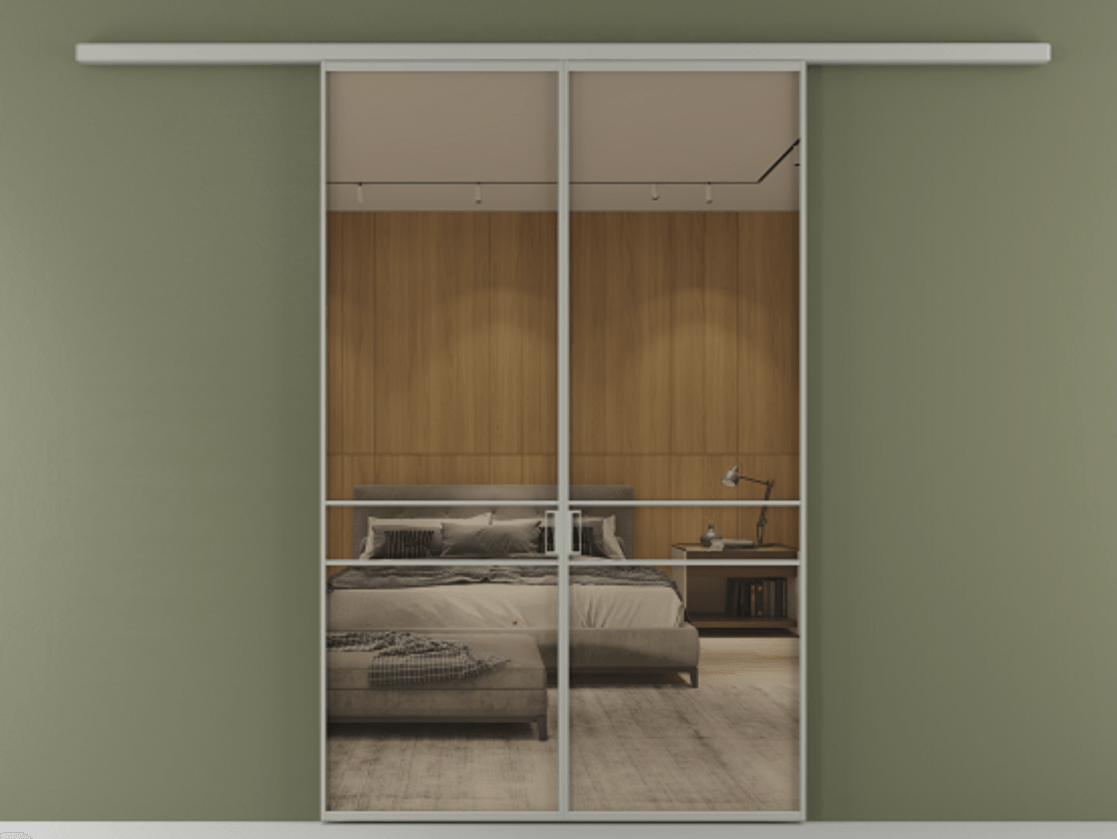 Перегородка Formato вдоль стены 2 створки АЛПР 040.02 Алюминий нейтральный серый Рефлективное бронзовое стекло "Stopsol", калёное Цена 13310 Br | Volhovec