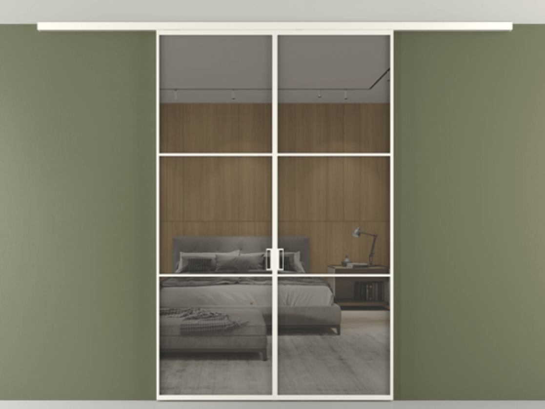 Перегородка Формато вдоль стены на потолок 2 створки АЛПР 040.03 Алюминий пудровый белый Рефлективное серое стекло "Стопсол", калёное Цена 13040 Br | Volhovec