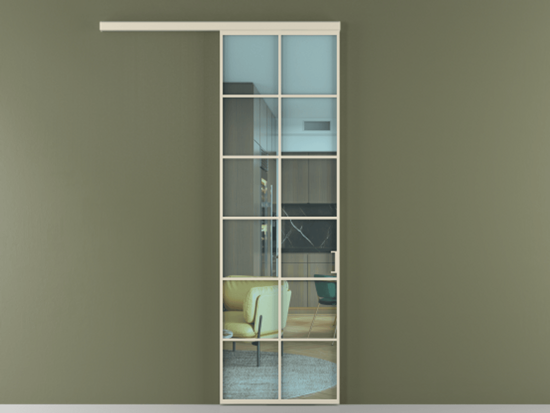 Межкомнатная дверь New Перегородка Formato вдоль стены одностворчатая АЛПР 040.05 Алюминий бежево-серый Прозрачное голубое стекло, триплекс Цена 4000  | Volhovec