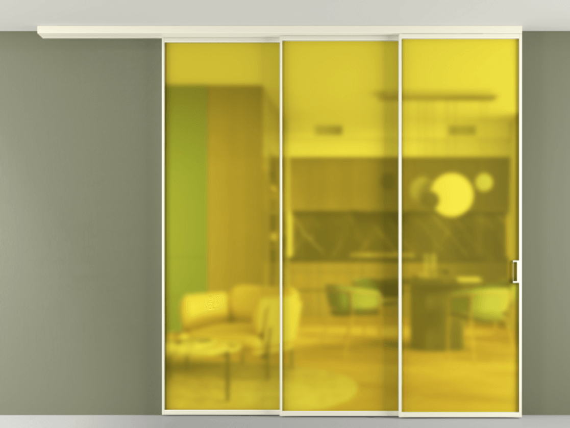Перегородка Формато вдоль стены на потолок 3 створки с синхронным механизмом АЛПР 040.01 Алюминий молочно-белый Сатинированное жёлтое стекло, триплекс Цена 20400 Br | Volhovec