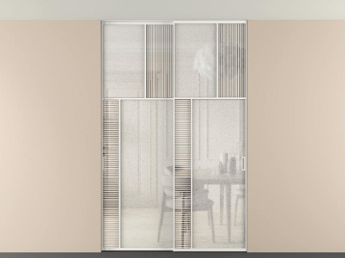 Перегородка Mosaic внутри проёма скрытое крепление в потолок 2 створки АЛПР 041.22 Алюминий светло-серый Рифлёное стекло "Дюна", триплекс, 6 мм + Фактурное стекло "Лёд", триплекс Цена 18210 Br | Volhovec