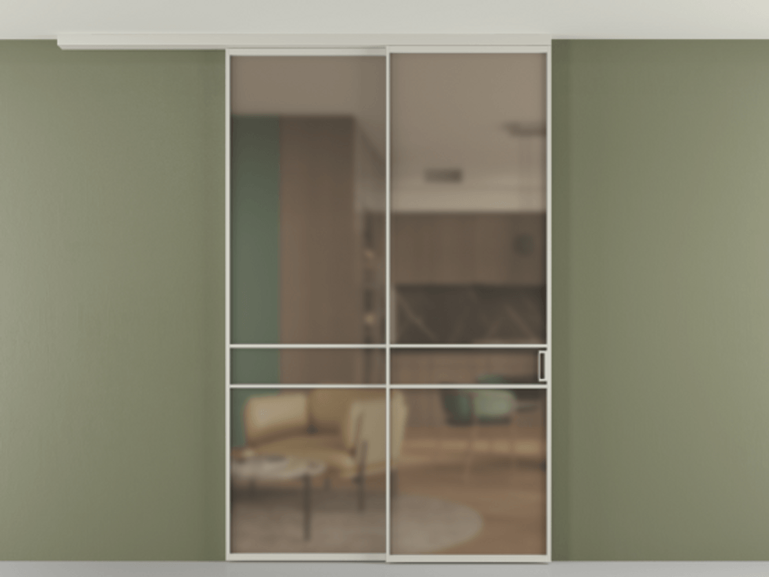 Перегородка Формато вдоль стены на потолок 2 створки с синхронным механизмом АЛПР 040.02 Алюминий тёплый серый Сатинированное бронзовое стекло, триплекс Цена 16630 Br | Volhovec