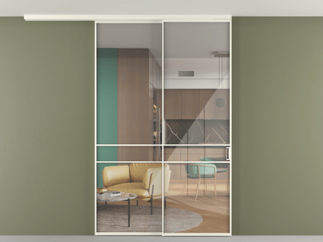 Перегородка Formato вдоль стены на потолок 2 створки с синхронным механизмом АЛПР 040.02 Алюминий жемчужный Рефлективное прозрачное стекло "Стопсол", калёное Цена 17480 Br | Volhovec