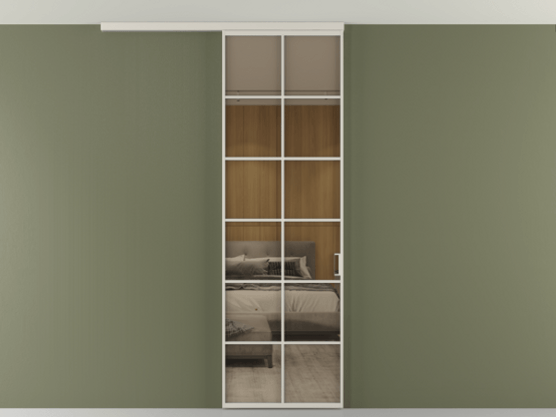 Перегородка Формато вдоль стены на потолок 1 створка АЛПР 040.05 Алюминий облачно-серый Рефлективное бронзовое стекло "Стопсол", калёное Цена 7170 Br | Volhovec