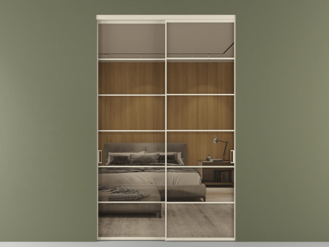 Перегородка Формато внутри проёма 2 створки АЛПР 040.04 Алюминий бежево-серый Рефлективное бронзовое стекло "Стопсол", калёное Цена 26410 Br  | Volhovec