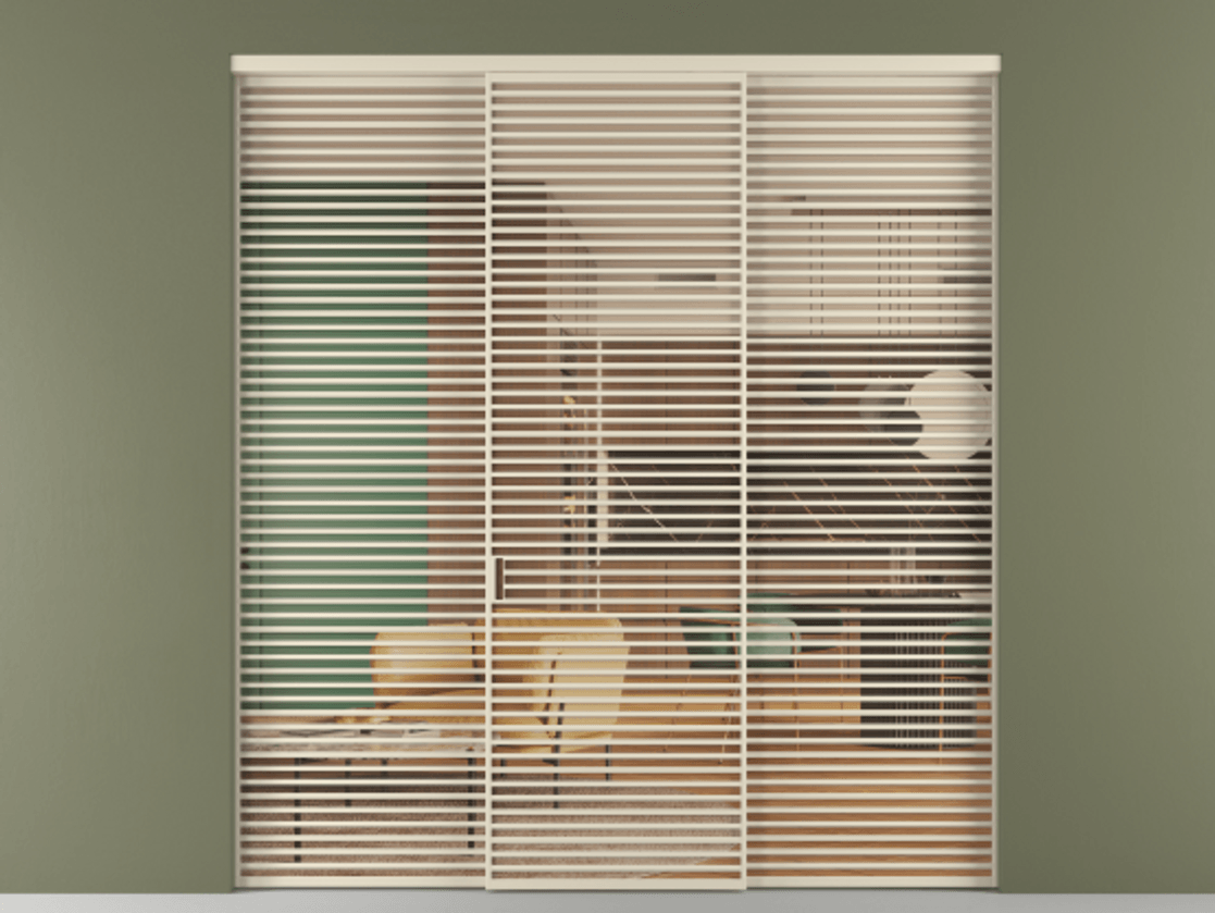 Межкомнатная дверь New Перегородка Formato внутри проёма трёхстворчатая АЛПР 040.07 Алюминий бежево-серый Прозрачное оранжевое стекло, триплекс Цена 31400  | Volhovec