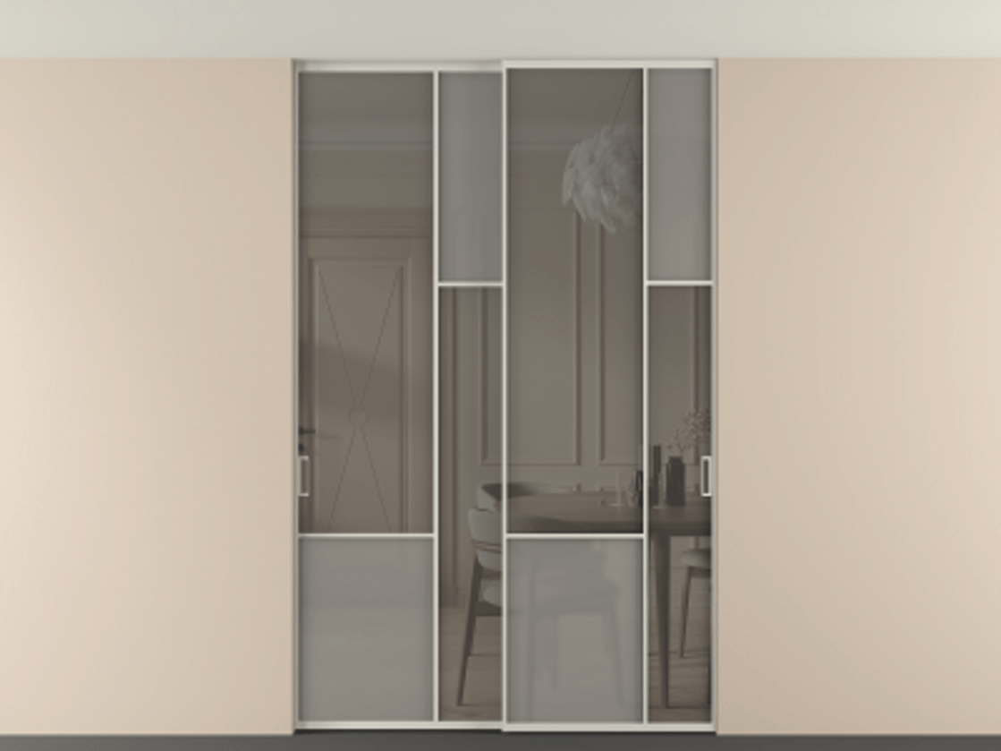 Перегородка Мозаик внутри проёма скрытое крепление в потолок 2 створки АЛПР 041.12 Алюминий тёплый серый Сатинированное серое стекло, триплекс, 6 мм + Прозрачное серое стекло, триплекс Цена 17350 Br | Volhovec