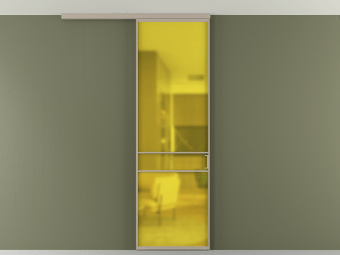Перегородка Формато вдоль стены на потолок 1 створка АЛПР 040.02 Алюминий бисквитный Сатинированное жёлтое стекло, триплекс Цена 5400 Br | Volhovec