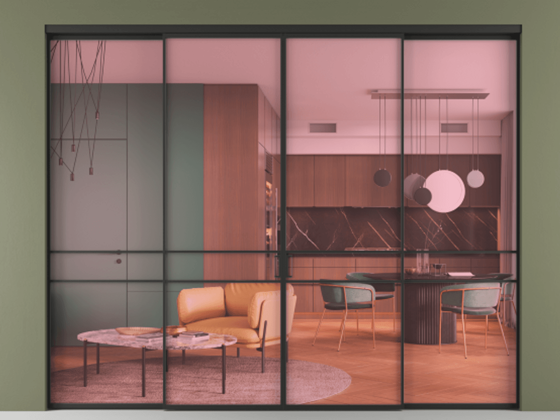 Перегородка Formato внутри проёма 4 створки АЛПР 040.02 Алюминий Черный Прозрачное розовое стекло, триплекс Цена 17300 Br  | Volhovec