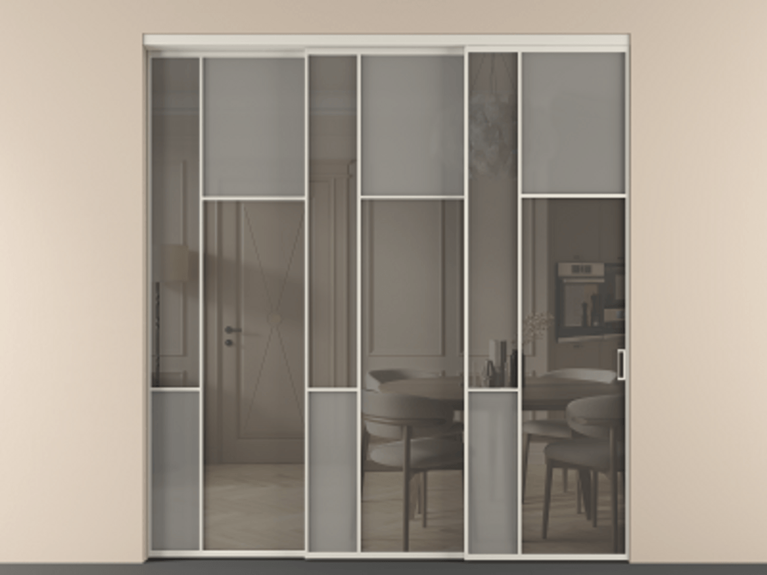 Перегородка Мозаик внутри проёма 3 створки с синхронным механизмом АЛПР 041.11 Алюминий облачно-серый Сатинированное серое стекло, триплекс, 6 мм + Прозрачное серое стекло, триплекс Цена 23390 Br | Volhovec