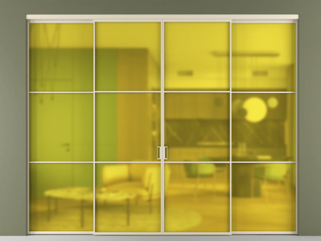 Межкомнатная дверь New Перегородка Formato внутри проёма четырёхстворчатая со скрытым креплением в потолок АЛПР 040.03 Алюминий бежево-серый Сатинированное жёлтое стекло, триплекс Цена 20000  | Volhovec