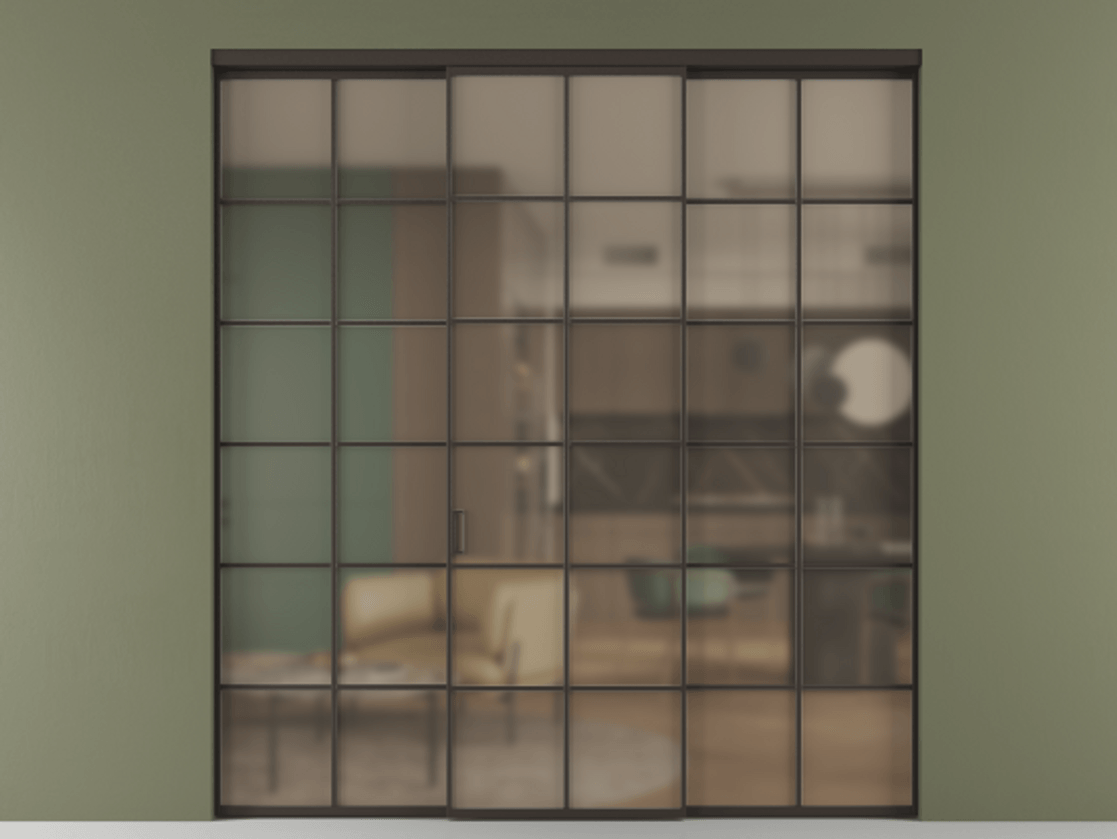 Перегородка Formato внутри проёма 3 створки АЛПР 040.05 Алюминий антрацит Сатинированное бронзовое стекло, триплекс Цена 13620 Br | Volhovec