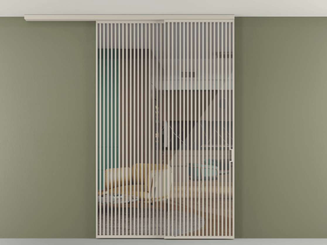 Перегородка Formato вдоль стены на потолок 2 створки с синхронным механизмом АЛПР 040.06 Алюминий светло-бежевый Рефлективное прозрачное стекло "Стопсол", калёное Цена 29010 Br | Volhovec