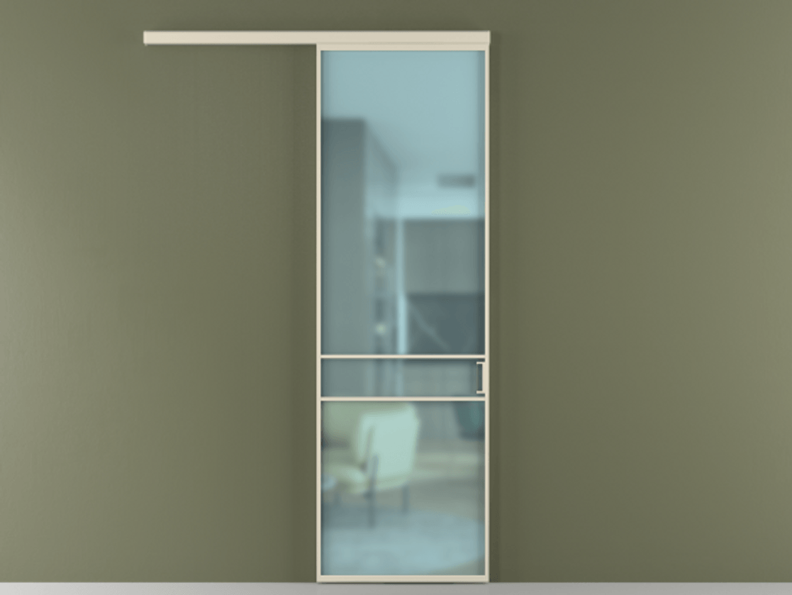 Перегородка Формато вдоль стены 1 створка АЛПР 040.02 Алюминий бежево-серый Сатинированное голубое стекло, триплекс Цена 5500 Br  | Volhovec