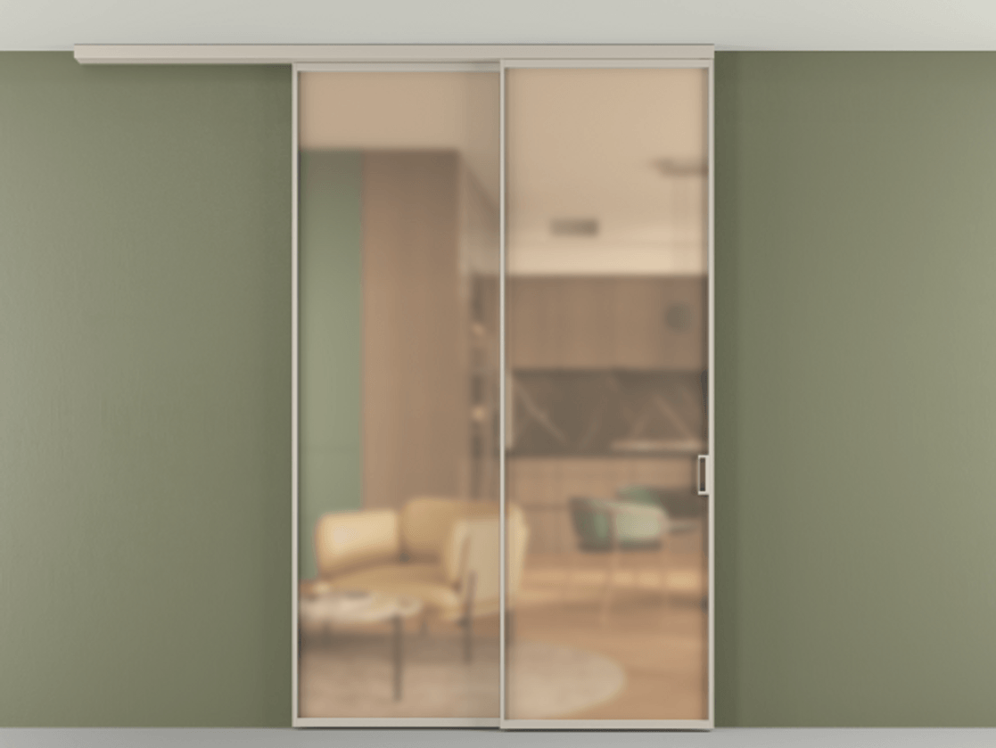 Перегородка Formato вдоль стены на потолок 2 створки с синхронным механизмом АЛПР 040.01 Алюминий светло-бежевый Сатинированное оранжевое стекло, триплекс Цена 14400 Br | Volhovec