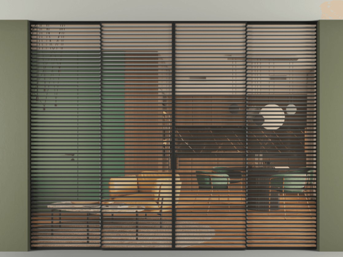 Перегородка Formato внутри проёма скрытое крепление в потолок 4 створки АЛПР 040.07 Алюминий Черный Прозрачное оранжевое стекло, триплекс Цена 41300 Br | Volhovec