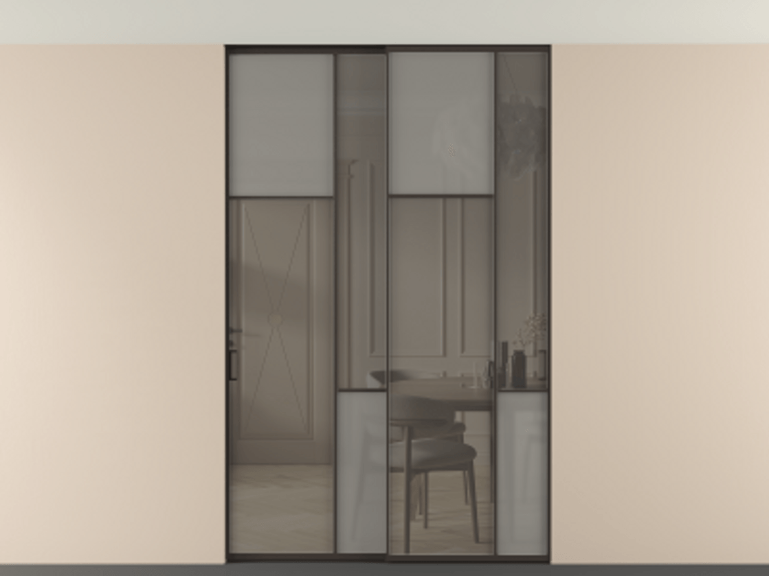 Перегородка Мозаик внутри проёма скрытое крепление в потолок 2 створки АЛПР 041.10 Алюминий антрацит Сатинированное серое стекло, триплекс, 6 мм + Прозрачное серое стекло, триплекс Цена 17350 Br | Volhovec