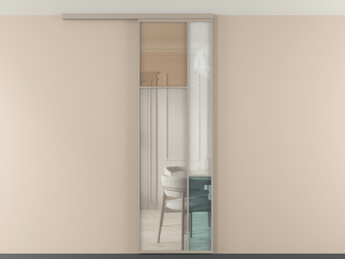 Перегородка Мозаик вдоль стены на потолок 1 створка АЛПР 041.10 Алюминий бисквитный Комбинация стекол Группы 1 и Группы 3 Цена 7500 Br | Volhovec