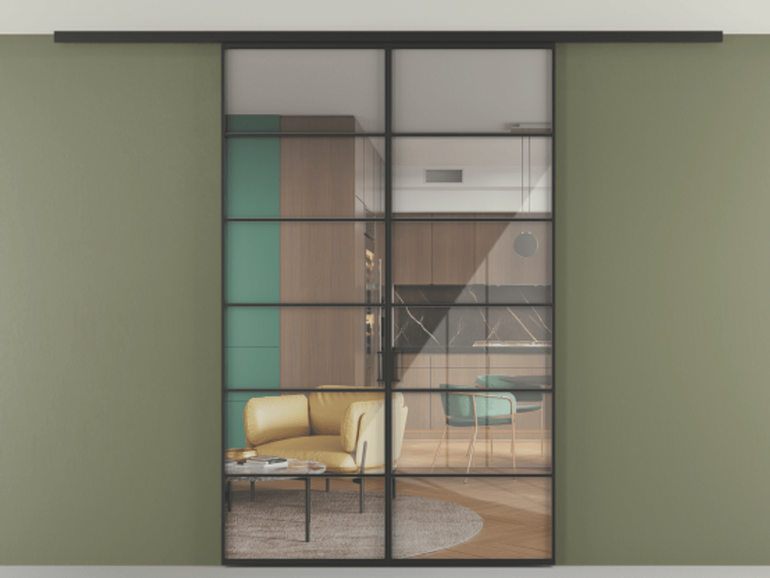 Перегородка Формато вдоль стены на потолок 2 створки АЛПР 040.04 Алюминий Черный Рефлективное прозрачное стекло "Стопсол", калёное Цена 13430 Br | Volhovec