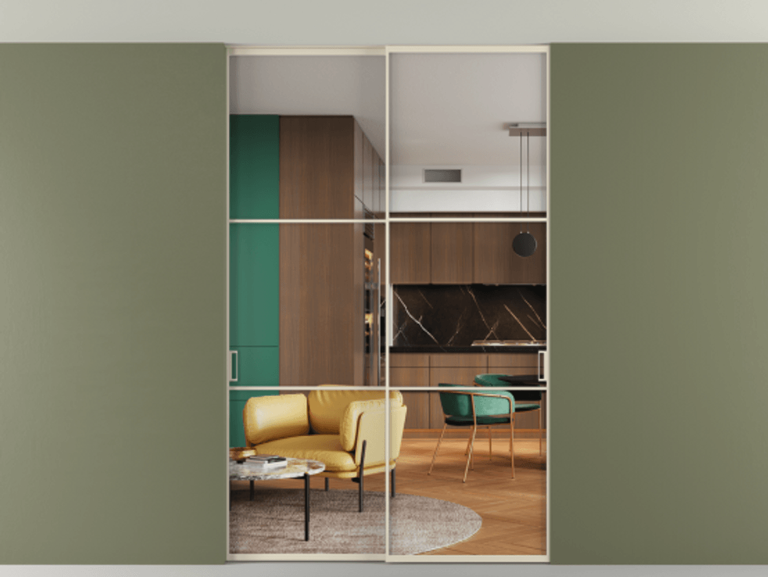 Перегородка Formato внутри проёма скрытое крепление в потолок 2 створки АЛПР 040.03 Алюминий бежево-серый Прозрачное стекло "Crystal Vision", калёное Цена 16340 Br | Volhovec