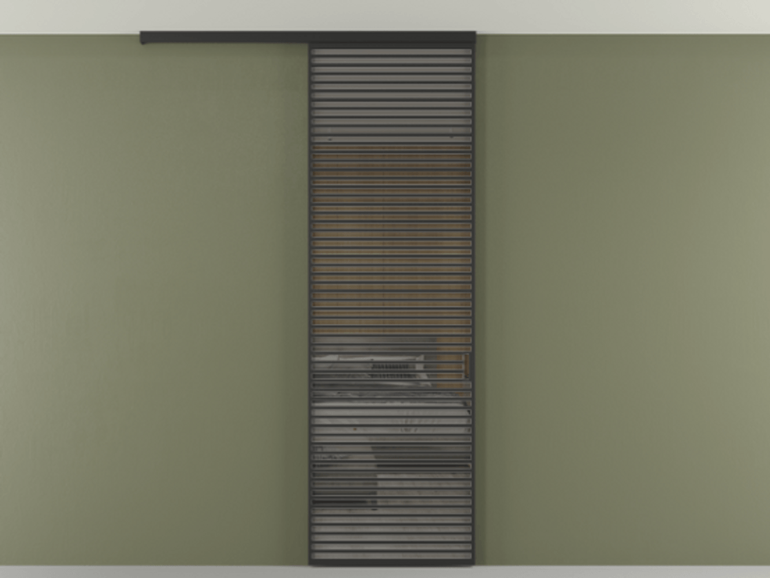 Перегородка Формато вдоль стены на потолок 1 створка АЛПР 040.07 Алюминий Черный Рефлективное серое стекло "Стопсол", калёное Цена 11950 Br | Volhovec