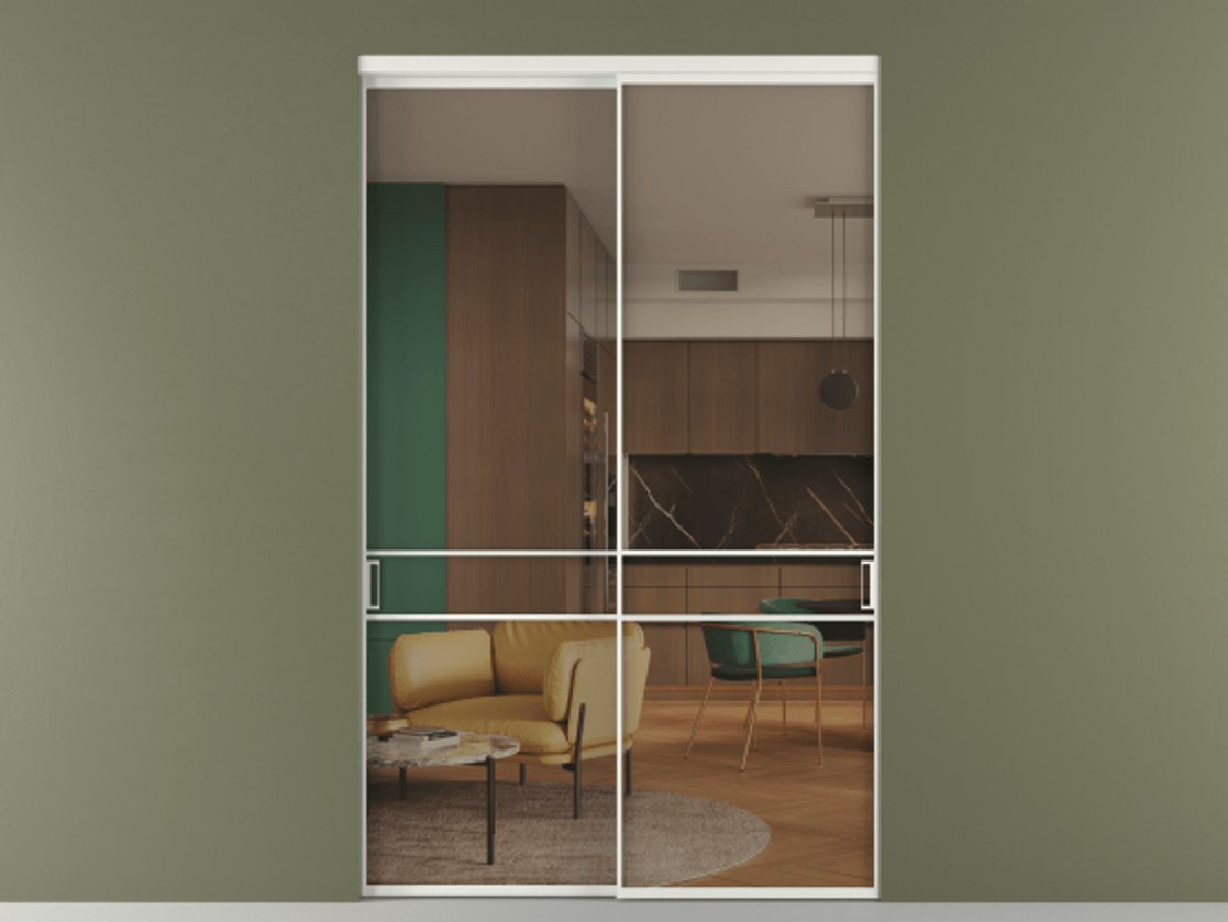 Перегородка Формато внутри проёма 2 створки АЛПР 040.02 Алюминий светло-серый Прозрачное бронзовое стекло, триплекс Цена 22710 Br  | Volhovec