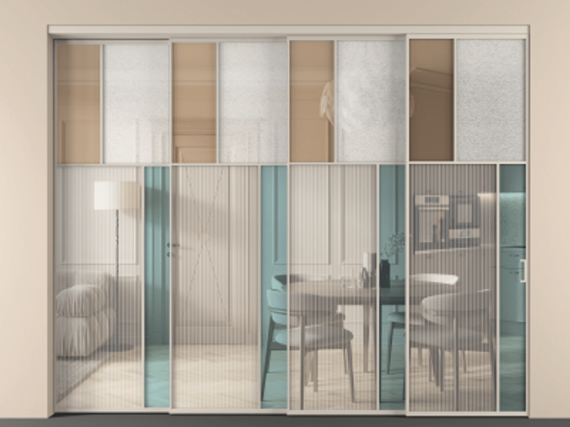 Перегородка Мозаик внутри проёма 4 створки с синхронным механизмом АЛПР 041.23 Алюминий светло-бежевый Комбинация стекол Группы 1 и Группы 3 Цена 32700 Br | Volhovec