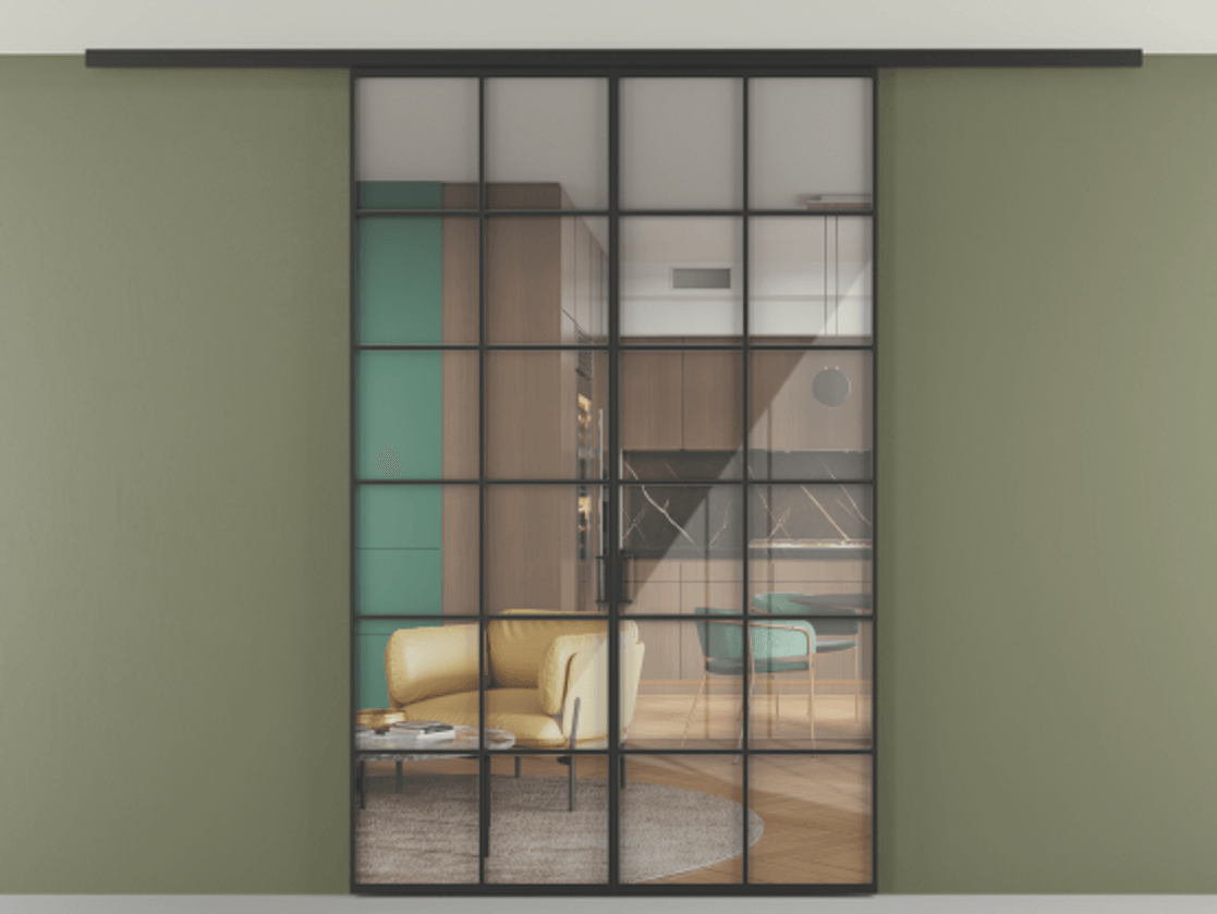 Перегородка Формато вдоль стены на потолок 2 створки АЛПР 040.05 Алюминий Черный Рефлективное прозрачное стекло "Стопсол", калёное Цена 13430 Br | Volhovec