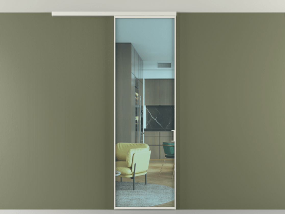 Перегородка Формато вдоль стены на потолок 1 створка АЛПР 040.01 Алюминий серый Прозрачное голубое стекло, триплекс Цена 4900 Br | Volhovec