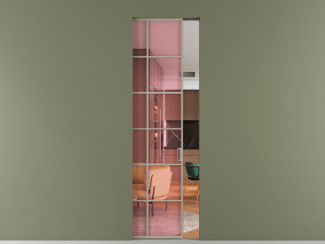 Перегородка Formato скрытый пенал 1 створка АЛПР 040.05 Алюминий бисквитный Прозрачное розовое стекло, триплекс Цена 9500 Br | Volhovec