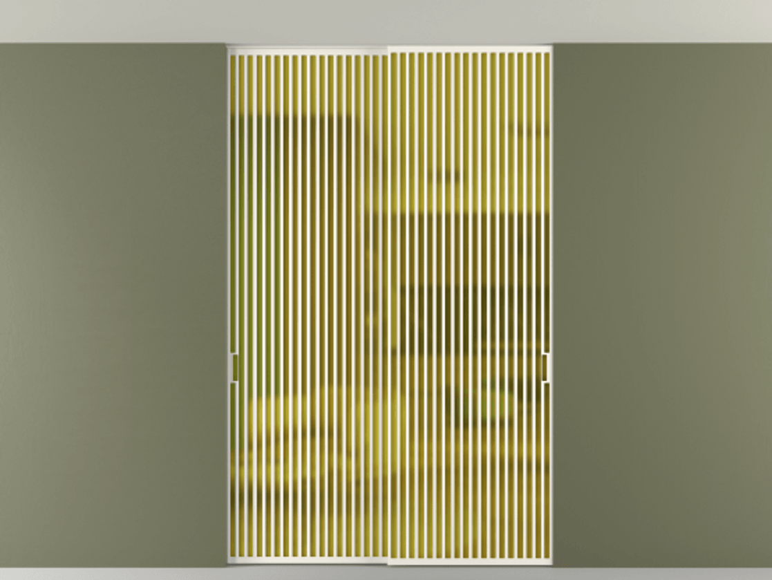 Перегородка Формато внутри проёма скрытое крепление в потолок 2 створки АЛПР 040.06 Алюминий пудровый белый Сатинированное жёлтое стекло, триплекс Цена 21900 Br | Volhovec