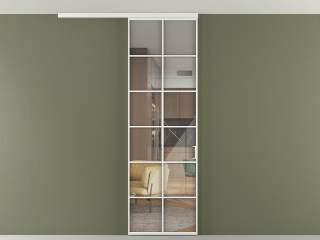 Перегородка Формато вдоль стены на потолок 1 створка АЛПР 040.05 Алюминий белоснежный Рефлективное прозрачное стекло "Стопсол", калёное Цена 7170 Br | Volhovec