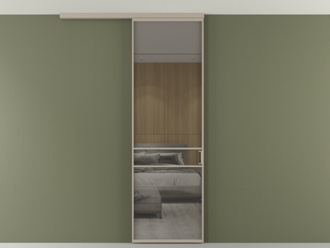 Перегородка Formato вдоль стены на потолок 1 створка АЛПР 040.02 Алюминий бисквитный Рефлективное серое стекло "Stopsol", калёное Цена 6711 Br | Volhovec