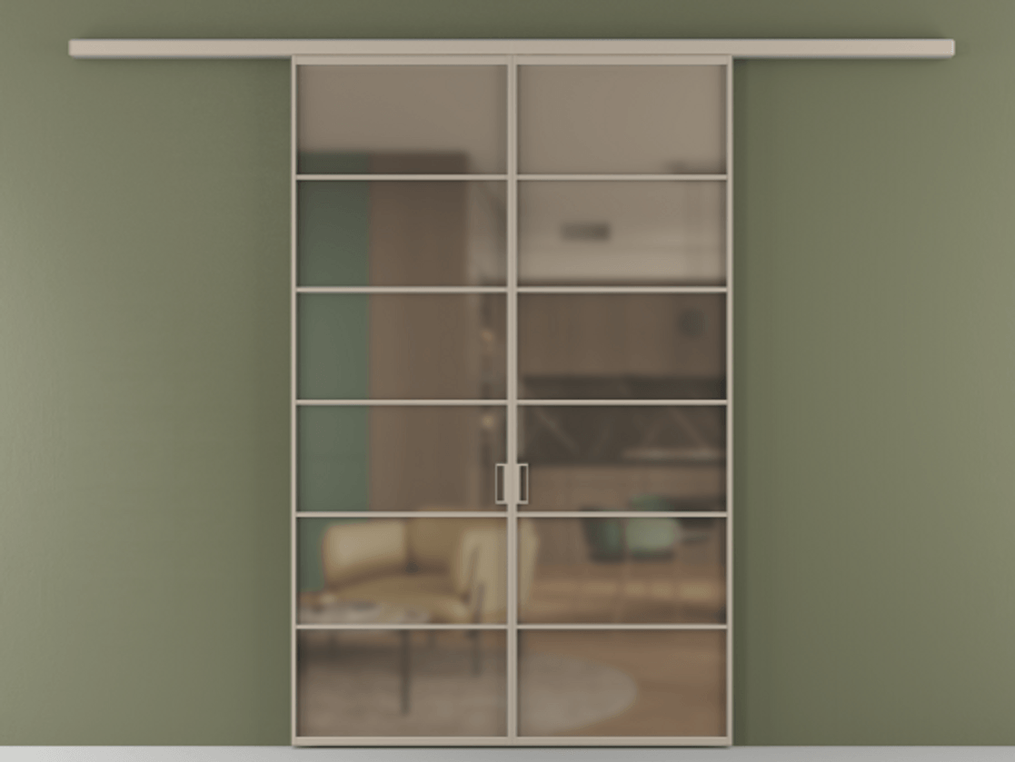 Перегородка Формато вдоль стены 2 створки АЛПР 040.04 Алюминий бисквитный Сатинированное бронзовое стекло, триплекс Цена 11080 Br | Volhovec