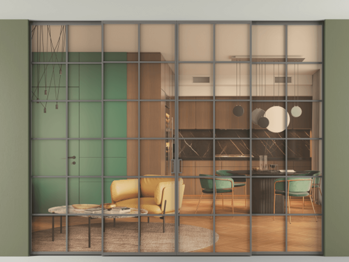 Перегородка Formato внутри проёма скрытое крепление в потолок 4 створки АЛПР 040.05 Алюминий классический серый Прозрачное оранжевое стекло, триплекс Цена 25900 Br | Volhovec