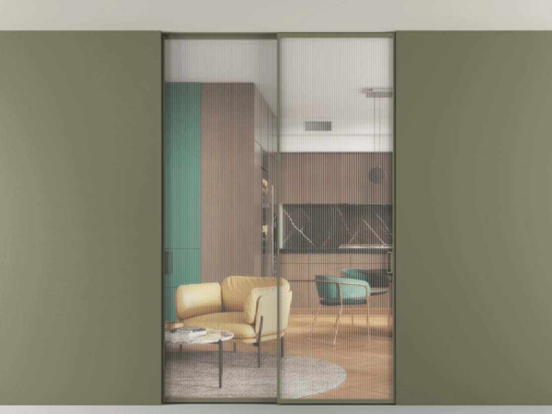 Перегородка Formato внутри проёма скрытое крепление в потолок 2 створки АЛПР 040.01 Алюминий оливковый тёмный Рифлёное стекло "Moru", триплекс Цена 13440 Br | Volhovec