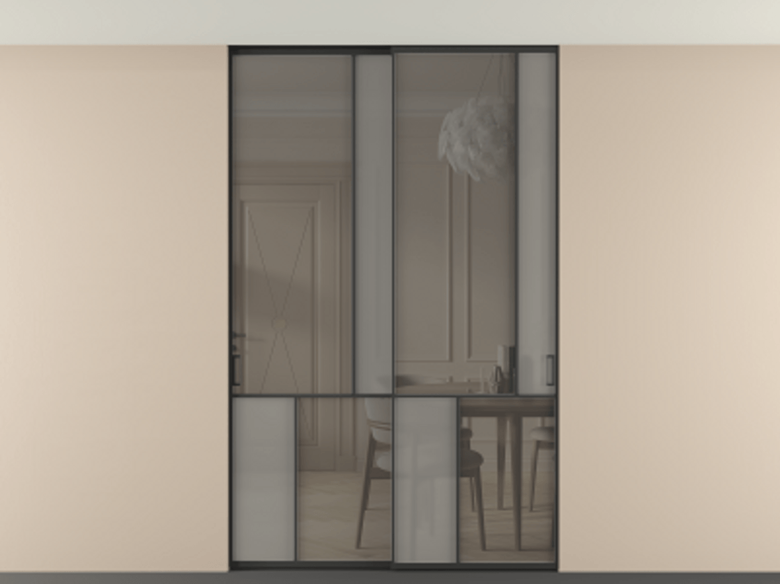 Перегородка Мозаик внутри проёма скрытое крепление в потолок 2 створки АЛПР 041.21 Алюминий Черный Сатинированное серое стекло, триплекс, 6 мм + Прозрачное серое стекло, триплекс Цена 16840 Br | Volhovec