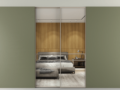 Алюминевая перегородка АЛПР 040.02_АБСК_Зеркало триплекс_new. Цвет Алюминий бисквитный. Материал Алюминий в эмали. Коллекция Перегородка Formato внутри проёма двустворчатая со скрытым креплением в потолок. Картинка.