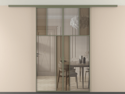 Алюминевая перегородка vdp2_2_АОТ_MS+Бронза триплекс_new. Цвет Алюминий оливковый тёмный. Материал Алюминий в эмали. Коллекция Перегородка Mosaic вдоль стены на потолок двустворчатая. Картинка.