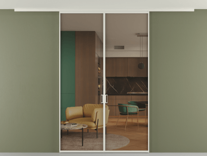 Алюминевая перегородка pv2_01 Бронза прозрачное БЕЛ. Цвет Алюминий Белый. Материал Алюминий. Коллекция Перегородка Formato вдоль стены на потолок двустворчатая. Картинка.