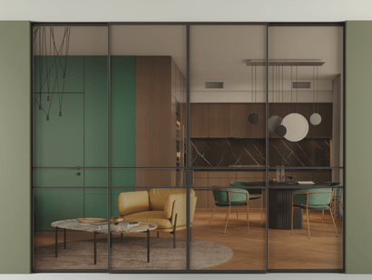 Алюминевая перегородка АЛПР 040.02_ААН_Бронза триплекс_new. Цвет Алюминий антрацит. Материал Алюминий в эмали. Коллекция Перегородка Formato внутри проёма четырёхстворчатая со скрытым креплением в потолок. Картинка.