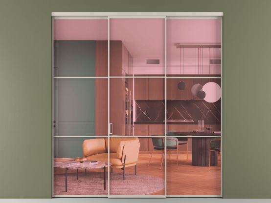 Алюминевая перегородка АЛПР 040.03_АСБЖ_ПРОЗ РОЗ_new. Цвет Алюминий светло-бежевый. Материал Алюминий в эмали. Коллекция Перегородка Формато внутри проёма 3 створки. Картинка.