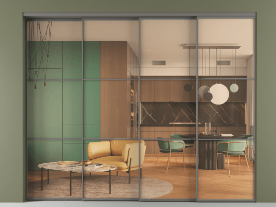 Алюминевая перегородка АЛПР 040.03_АКЛС_ПРОЗ ОРАНЖ_new. Цвет Алюминий классический серый. Материал Алюминий в эмали. Коллекция Перегородка Формато внутри проёма 4 створки с синхронным механизмом. Картинка.