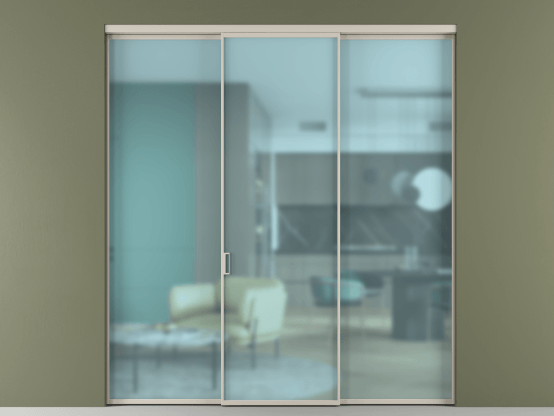 Алюминевая перегородка АЛПР 040.01_АСБЖ_САТ ГОЛ_new. Цвет Алюминий светло-бежевый. Материал Алюминий в эмали. Коллекция Перегородка Formato внутри проёма 3 створки. Картинка.