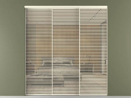 Алюминевая перегородка АЛПР 040.07_АМБ_Stopsol Bronze_new. Цвет Алюминий молочно-белый. Материал Алюминий в эмали. Коллекция Перегородка Формато внутри проёма 3 створки с синхронным механизмом. Картинка.