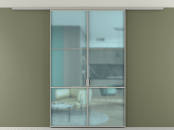 Алюминевая перегородка АЛПР 040.03_АНСР_САТ ГОЛ_new. Цвет Алюминий нейтральный серый. Материал Алюминий в эмали. Коллекция Перегородка Formato вдоль стены на потолок 2 створки. Картинка.