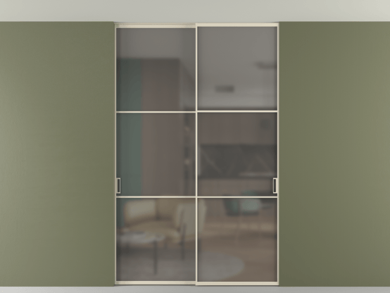 Алюминевая перегородка vn2_03 Алюминий бежево-серый Серый сатин матовое. Цвет Алюминий бежево-серый. Материал Алюминий в эмали. Коллекция Перегородка Formato внутри проёма скрытое крепление в потолок 2 створки. Картинка.