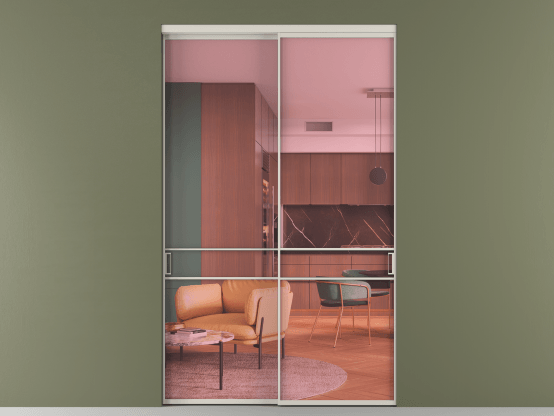 Алюминевая перегородка АЛПР 040.02_АОС_ПРОЗ РОЗ_new. Цвет Алюминий облачно-серый. Материал Алюминий в эмали. Коллекция Перегородка Формато внутри проёма 2 створки. Картинка.