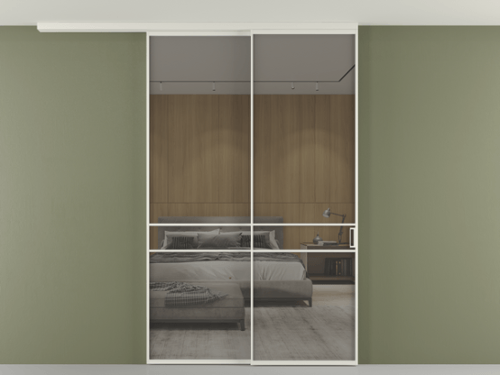 Алюминевая перегородка pv2_2_02 Stopsol Grey прозрачное БЕЛ. Цвет Алюминий Белый. Материал Алюминий. Коллекция Перегородка Формато вдоль стены на потолок 2 створки с синхронным механизмом. Картинка.