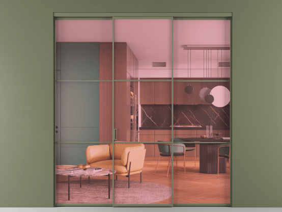 Алюминевая перегородка АЛПР 040.03_АОТ_ПРОЗ РОЗ_new. Цвет Алюминий оливковый тёмный. Материал Алюминий в эмали. Коллекция Перегородка Формато внутри проёма 3 створки. Картинка.